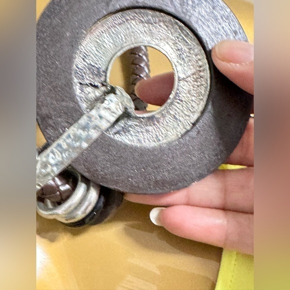 Artisan Necklace Brutalist Statement Brown Wood Ring Silver Tone Braided 3405 W - Picture 6 of 15